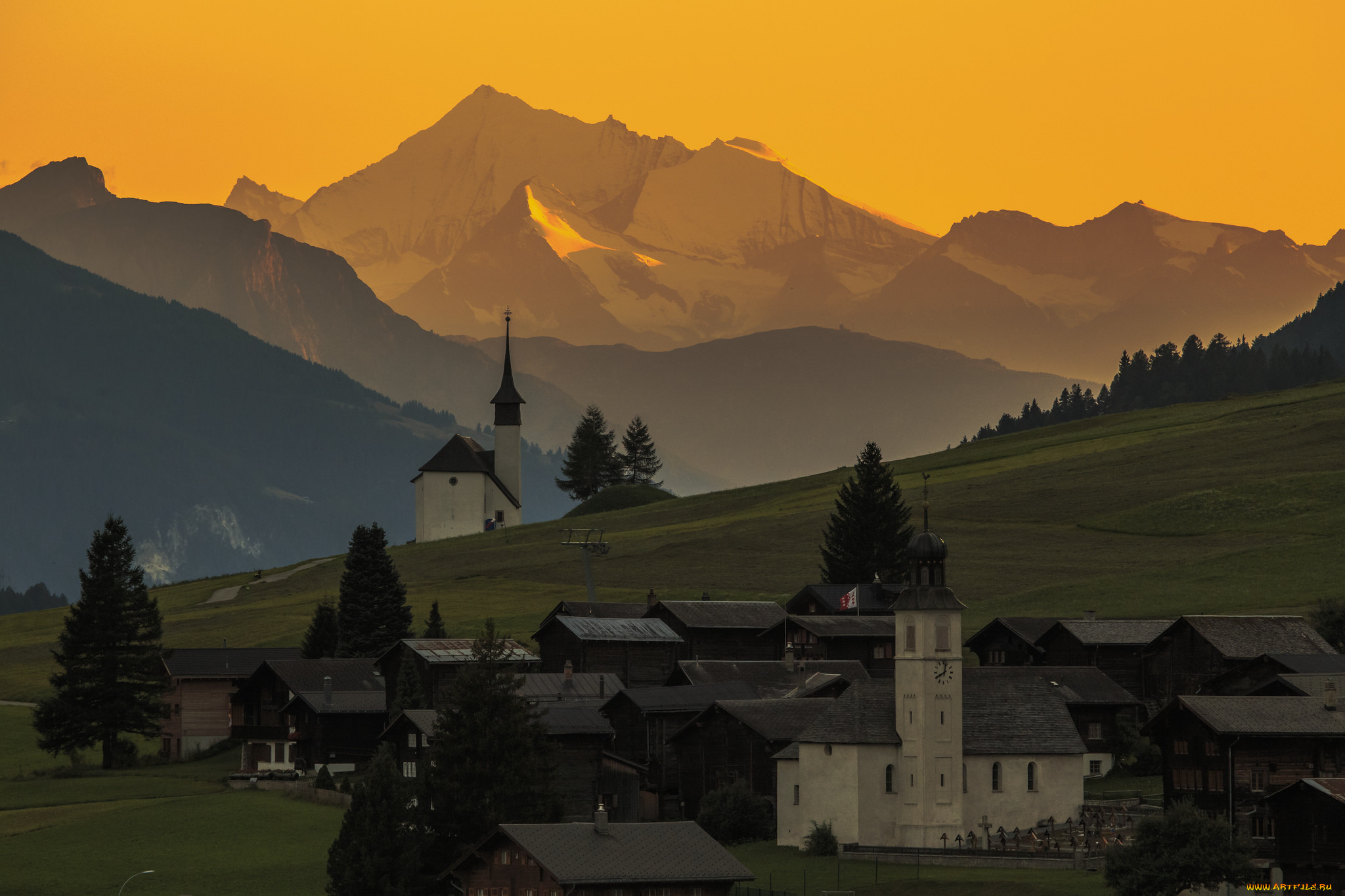 Швейцария Альпийские горы рассвет закат